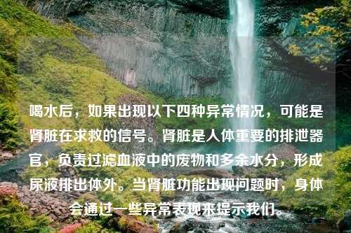 喝水后，如果出现以下四种异常情况，可能是肾脏在求救的信号。肾脏是人体重要的排泄器官，负责过滤血液中的废物和多余水分，形成尿液排出体外。当肾脏功能出现问题时，身体会通过一些异常表现来提示我们。